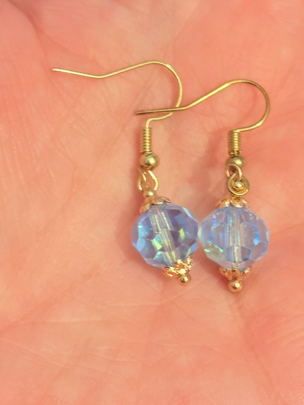 Handmade Blue Aurora Crystal Dangle Earrings Gold Tone